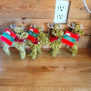 💙🩵💙NWT set x4 gold tinsel reindeer decor or ornaments